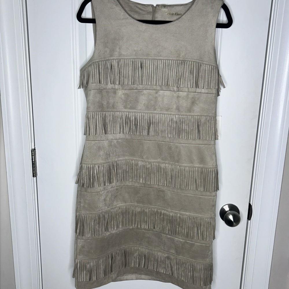 Calvin Klein Dress Fringed Sleeveless Western‎ Style Dress Tan/Beige Size 12
